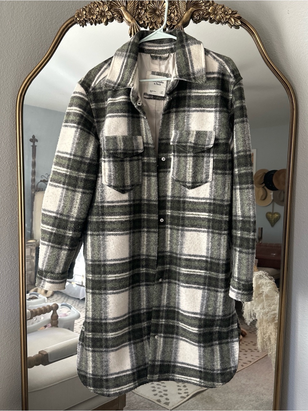 Abercrombie & Fitch Olive Green and Cream Plaid Longline Shacket